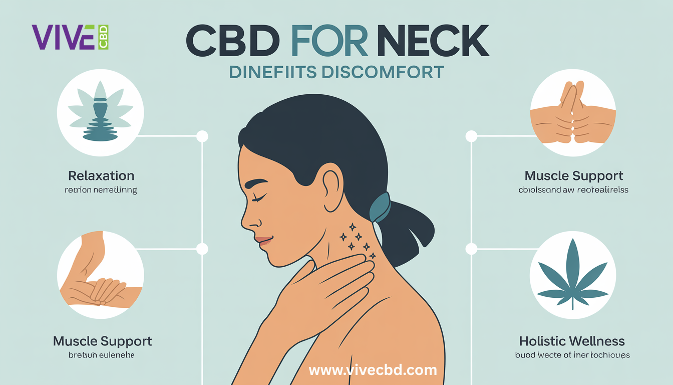 Infographic showing CBD benefits for neck discomfort with icons for relaxation and wellness.
