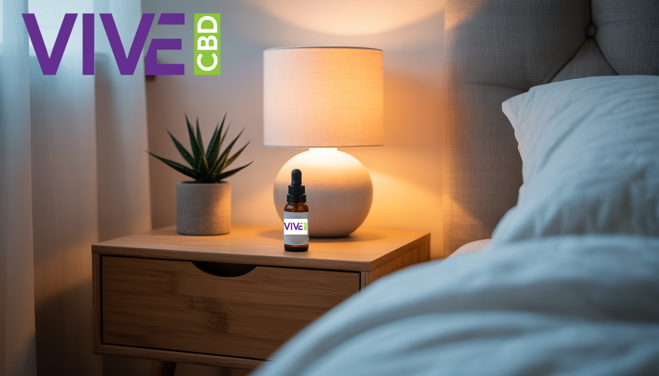 A peaceful bedroom setting with a bedside table displaying a bottle of CBD oil and a small potted plant, all under soft, calming lighting.