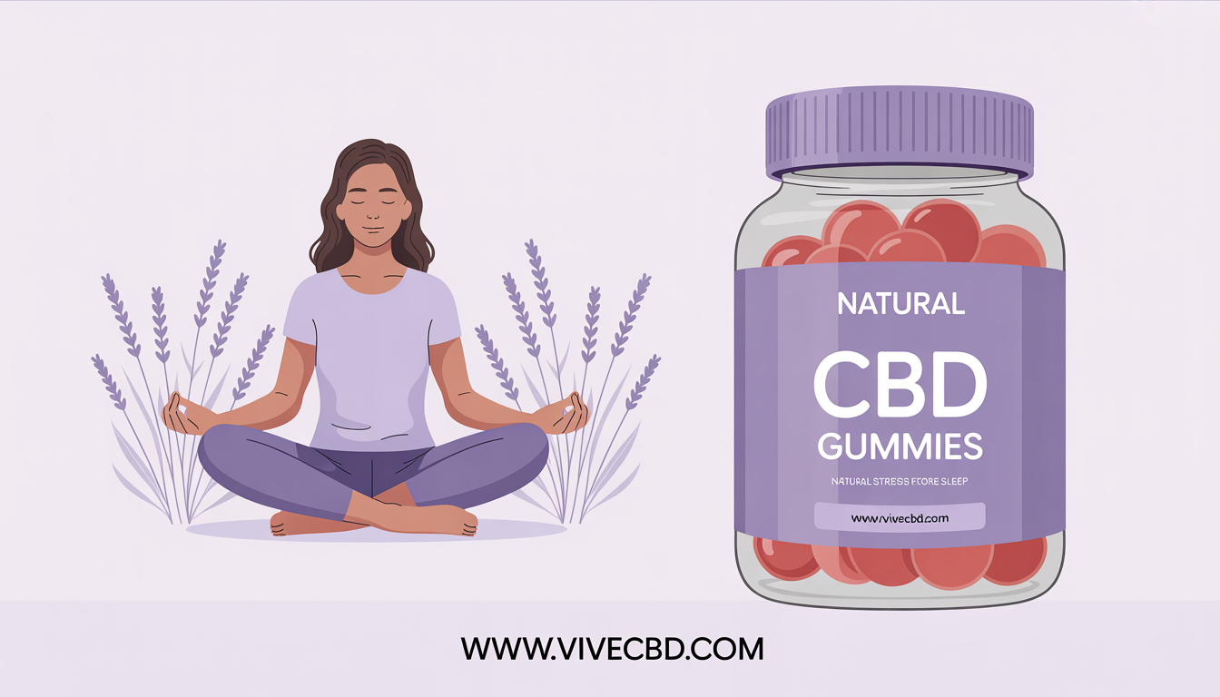 A person meditating among lavender plants with a jar of CBD gummies nearby, featuring the URL 'www.vivecbd.com' for stress relief and sleep support.