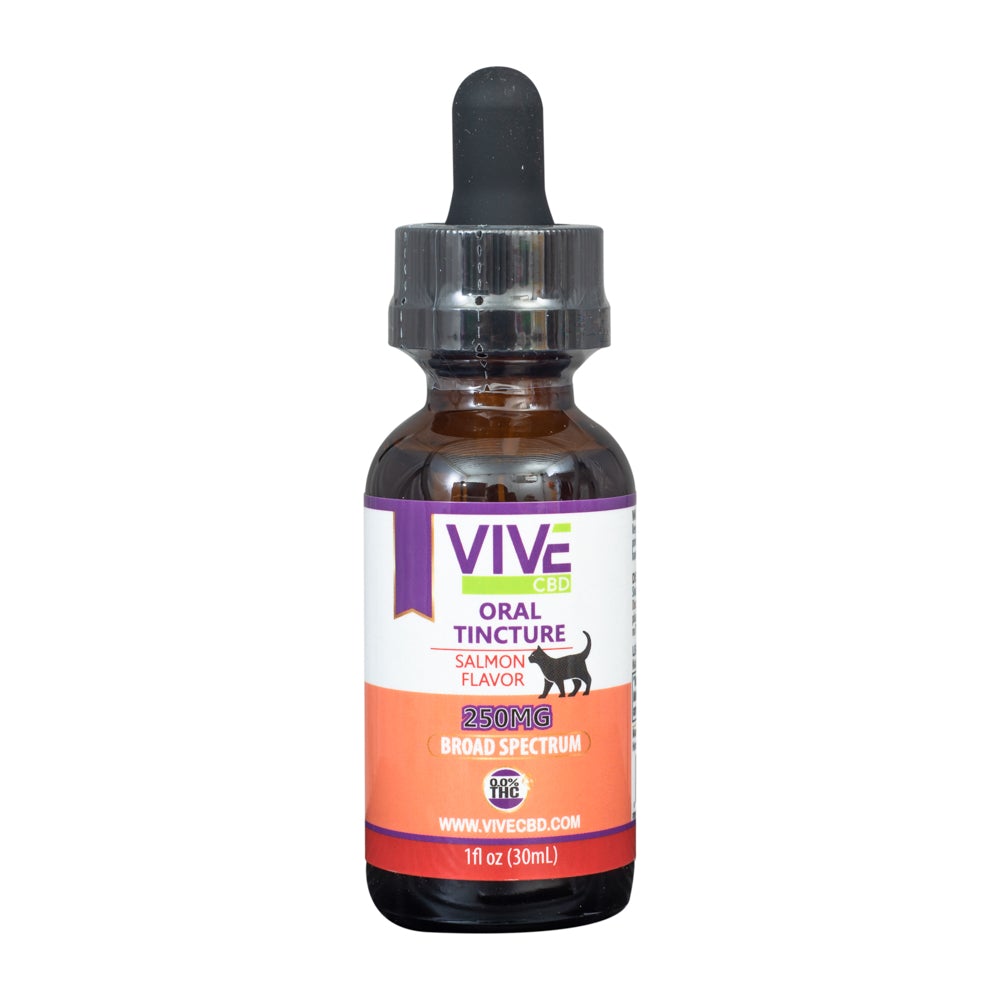 A serene scene of a relaxed cat resting in a lush, green environment with ViveCBD products like pet treats and tinctures, embodying themes of natural wellness and pet care.