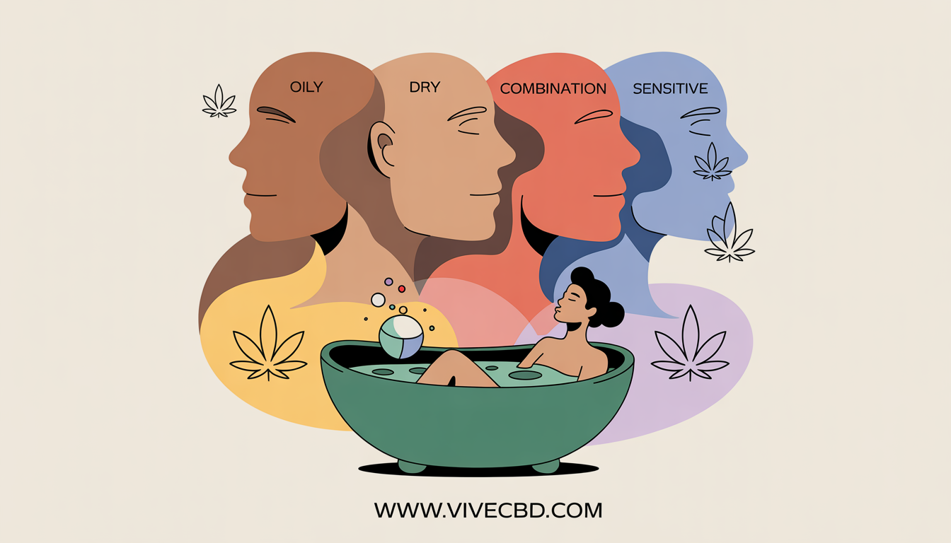 Abstract facial silhouettes labeled as oily, dry, combination, and sensitive skin types against a colorful background with CBD leaf motifs. A person is enjoying a bath with a bath bomb, and 'www.vivecbd.com' is displayed at the bottom.