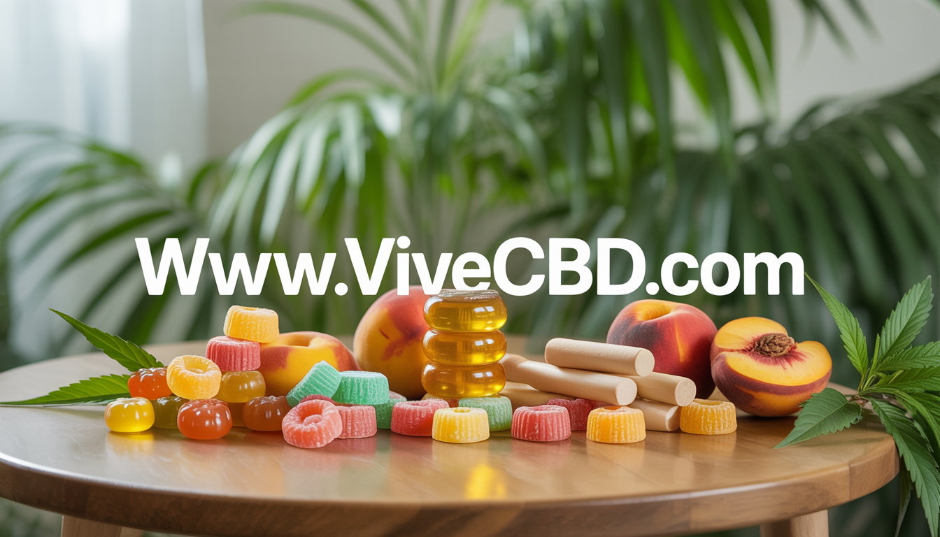 An assortment of CBD edibles like gummies, honey sticks, and peach rings on a wooden table, surrounded by green plants and bathed in soft natural light, with 'www.vivecbd.com' displayed.
