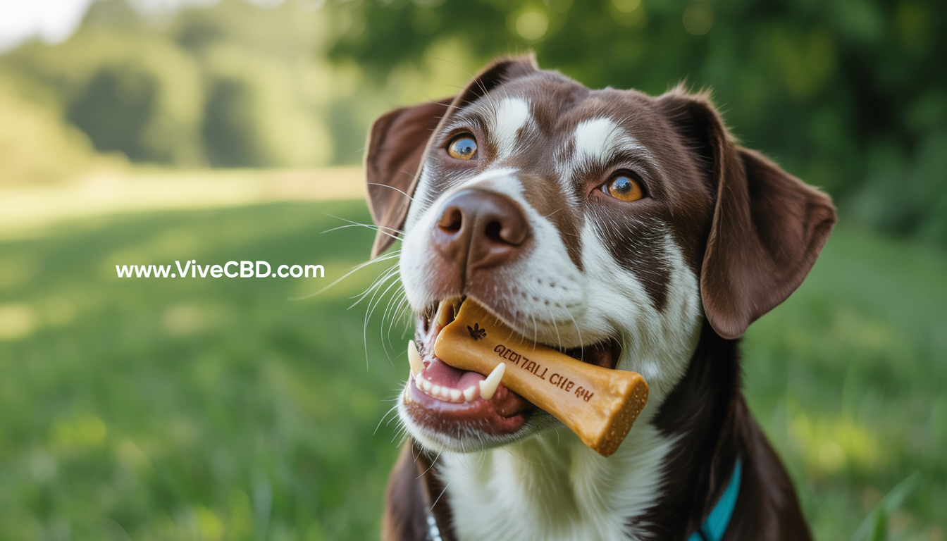A healthy dog with shiny teeth, enjoying an organic dental chew in a green, natural environment, with 'www.vivecbd.com' in the background.