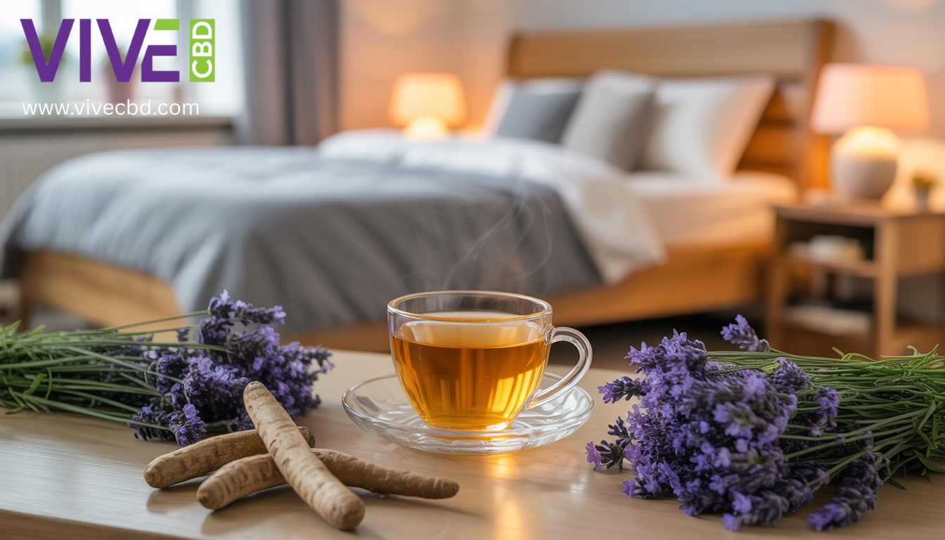 A tranquil bedroom scene with a bed, chamomile tea, lavender flowers, and valerian roots, creating a calming environment.