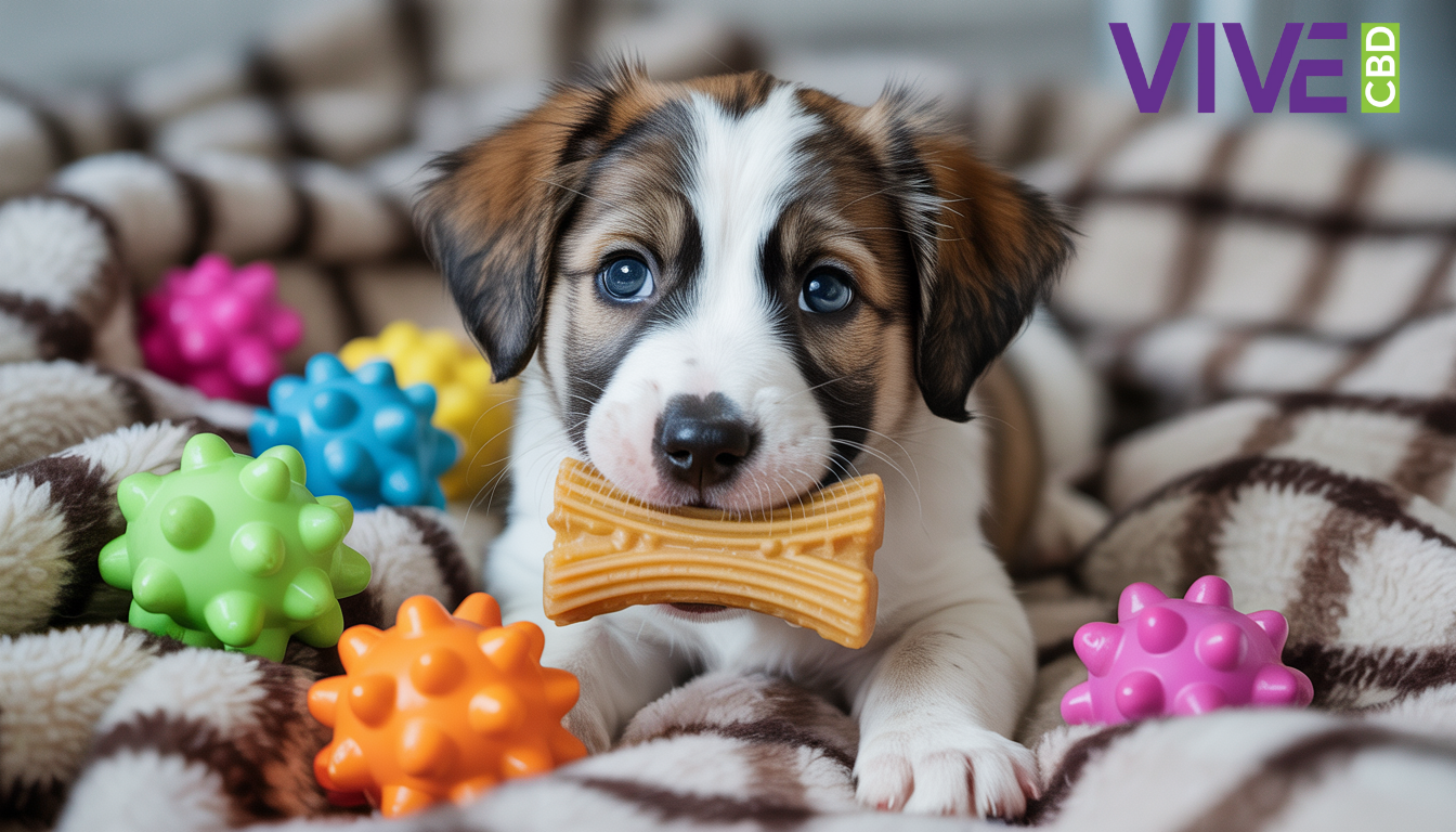 A puppy with a soft dental chew, surrounded by toys and a blanket, illustrating gentle dental care for puppies.