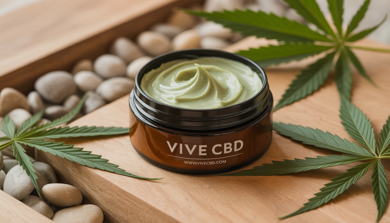 A luxurious jar of hemp body cream on a wooden surface, surrounded by small stones, with www.vivecbd.com at the bottom, showcasing a natural, eco-friendly skincare product.