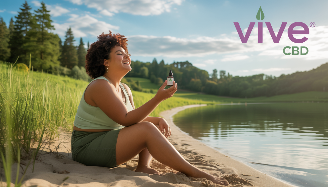 A plus-size person sits happily in a green park by a calm water body, holding a CBD tincture under a blue sky, with the Vive CBD logo in purple and green in the corner.