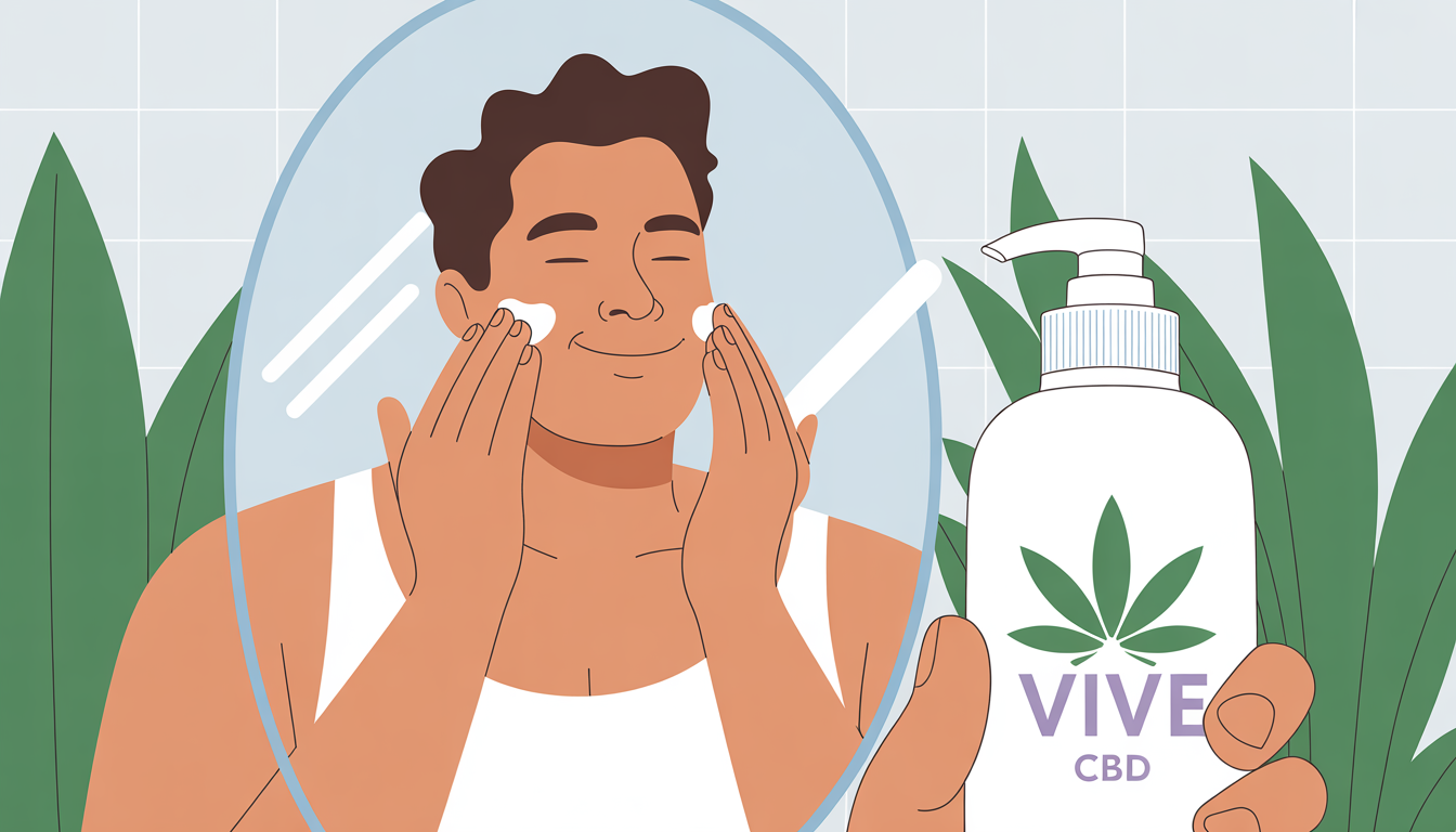 A plus-size man applying CBD moisturizer in a minimalist bathroom with plants, showcasing a natural skincare routine. The lotion bottle features the Vive CBD logo in green and purple.