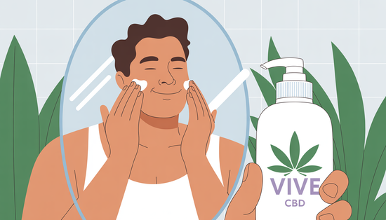 A plus-size man applying CBD moisturizer in a minimalist bathroom with plants, showcasing a natural skincare routine. The lotion bottle features the Vive CBD logo in green and purple.
