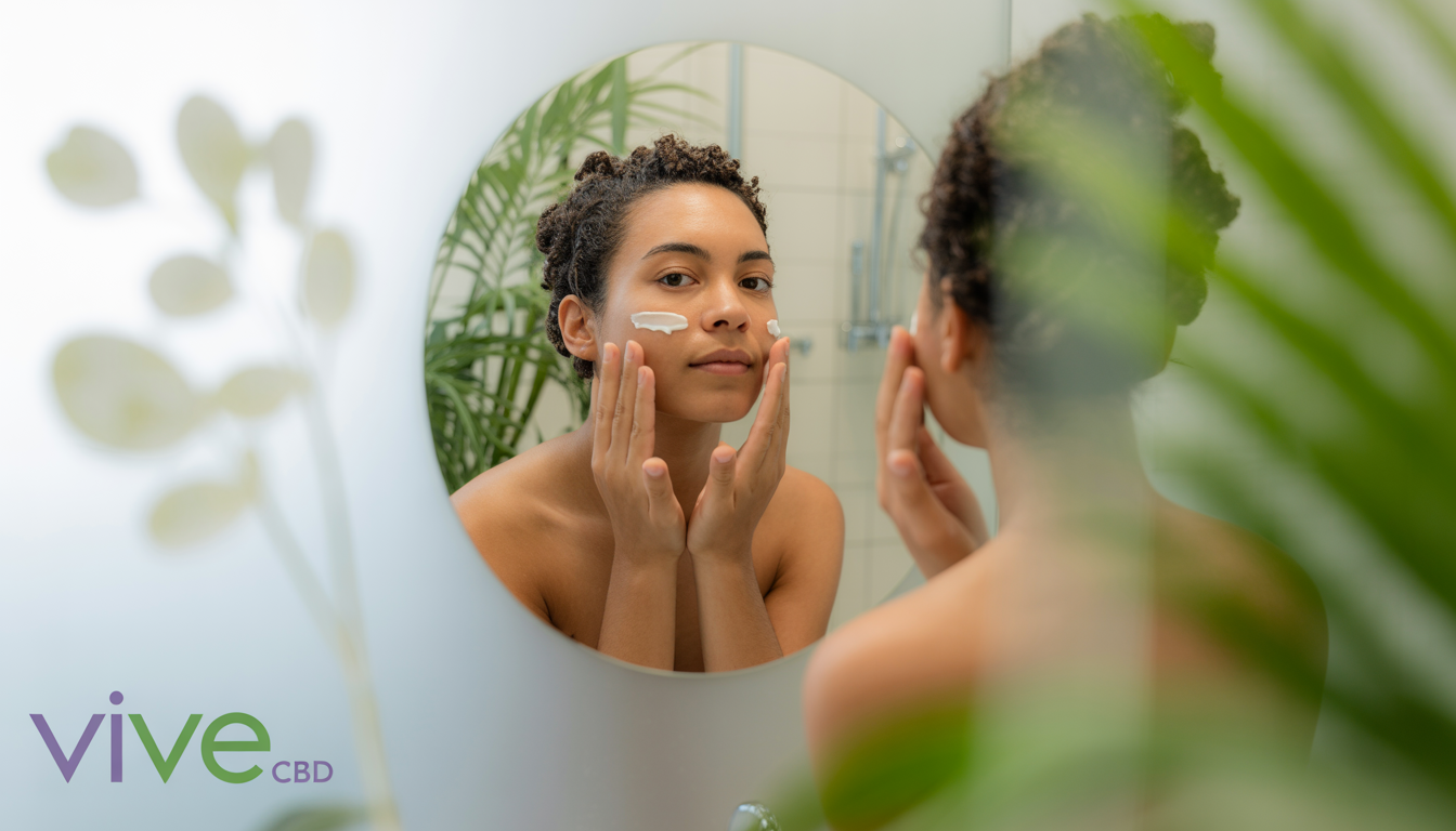 A person applying CBD-infused moisturizer in a serene bathroom, with a background of soft-focus greenery seen through a frosted window, and a 'Vive CBD' watermark in the corner.
