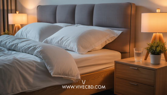 A cozy bedroom scene with a comfortable bed, softly lit, featuring a bedside table with a glass of water and a small plant, emphasizing sleep and wellness. 'www.vivecbd.com' is displayed at the bottom.
