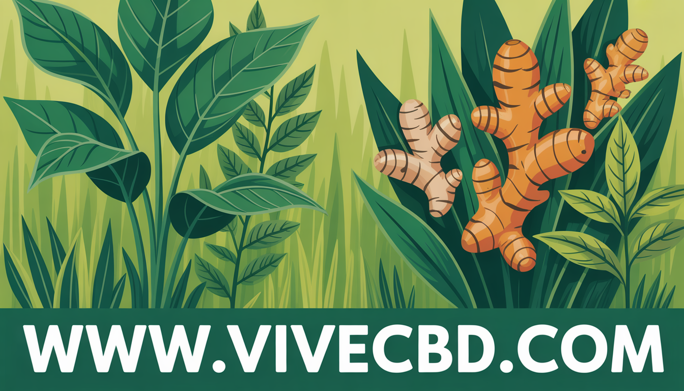 A vibrant illustration of turmeric and ginger plants thriving in a lush green garden, with bright greens and yellows highlighting their rich colors. The text 'www.vivecbd.com' is prominently displayed in bold white at the bottom.