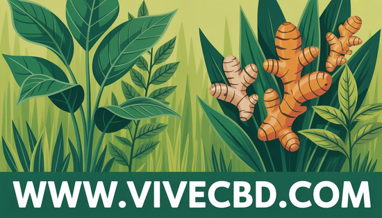 A vibrant illustration of turmeric and ginger plants thriving in a lush green garden, with bright greens and yellows highlighting their rich colors. The text 'www.vivecbd.com' is prominently displayed in bold white at the bottom.