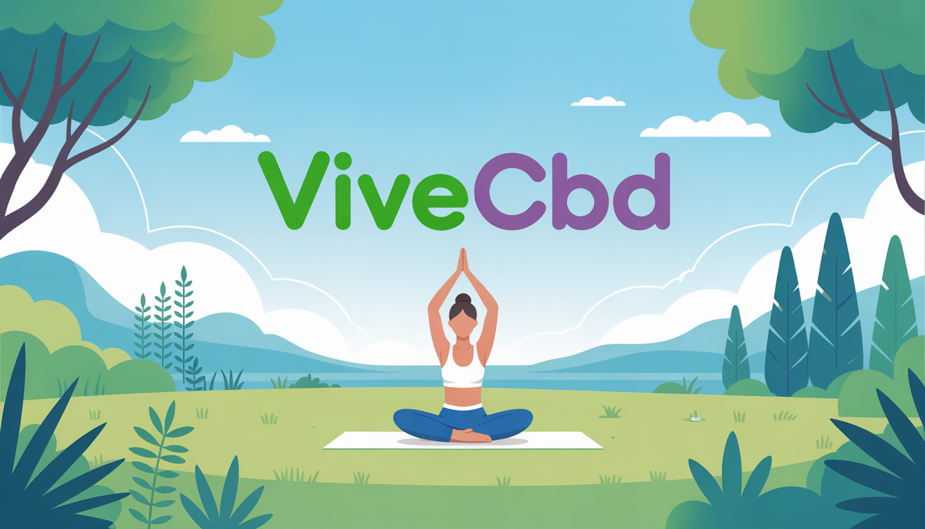 A person practicing yoga outdoors amidst lush greenery and a clear blue sky, with the ViveCBD logo in green and purple featured in the background, symbolizing relaxation and flexibility.