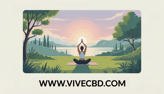 A person practicing yoga at sunrise in a lush, green landscape, with soft pastel colors in the sky. 'www.vivecbd.com' is displayed in bold letters at the bottom.