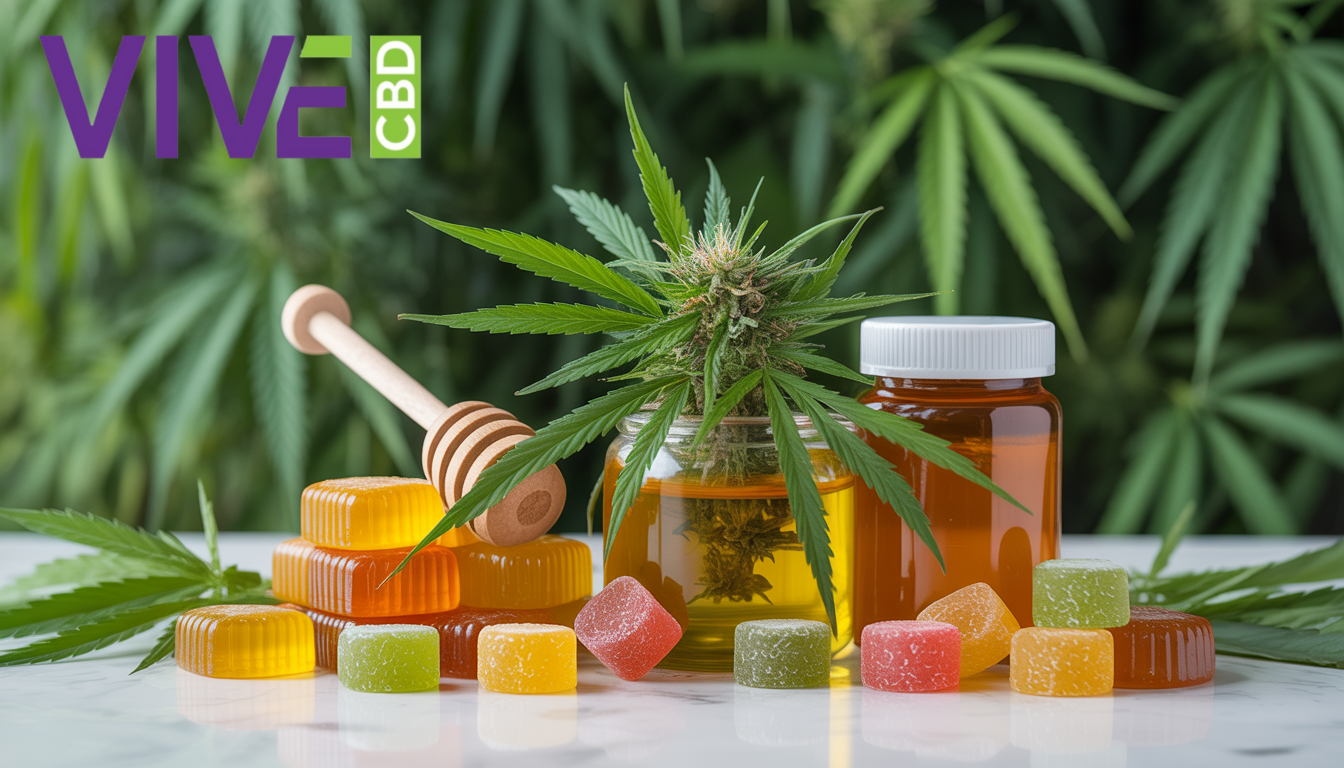 Assorted CBD gummies and honey sticks in front of green hemp plants, representing natural wellness.