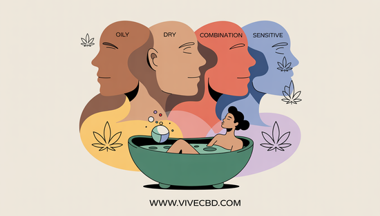 Abstract facial silhouettes labeled as oily, dry, combination, and sensitive skin types against a colorful background with CBD leaf motifs. A person is enjoying a bath with a bath bomb, and 'www.vivecbd.com' is displayed at the bottom.