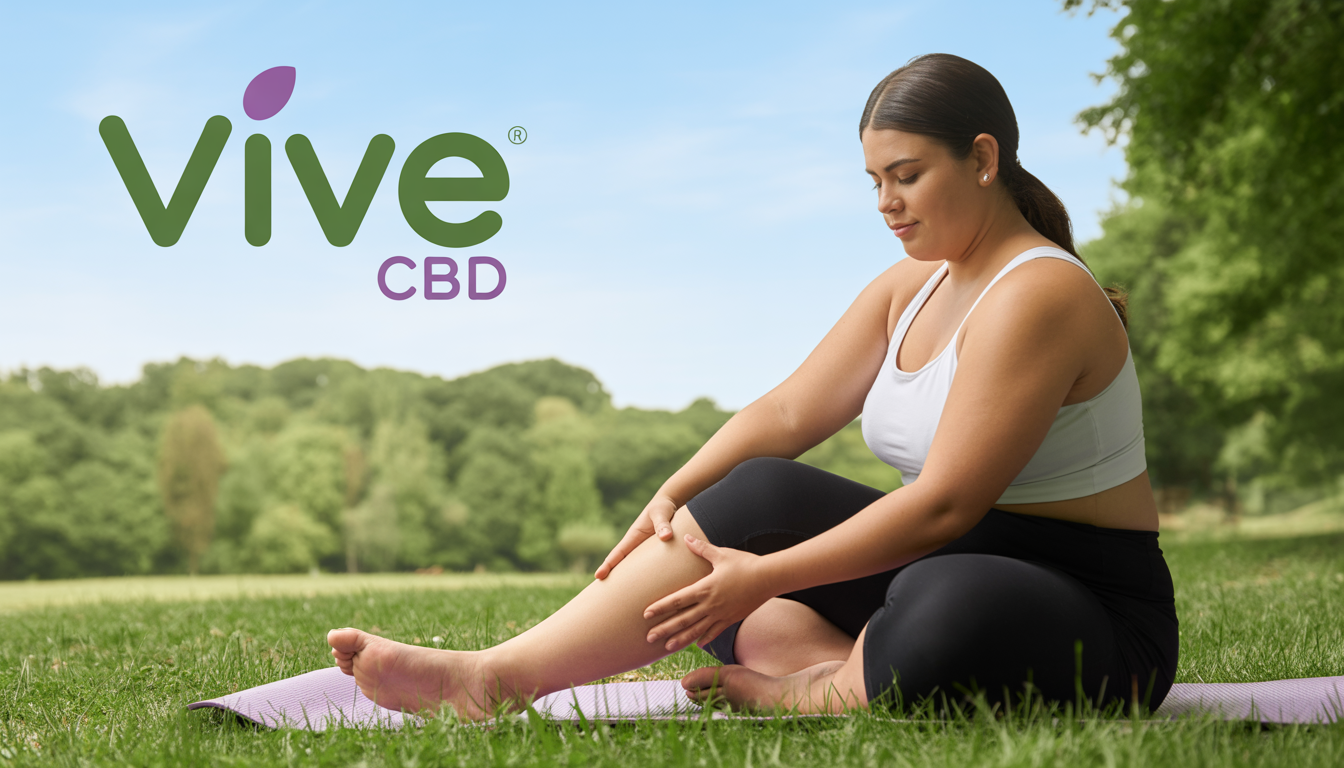 A plus-size woman sits on a yoga mat in a green park, massaging her knee under a clear sky, with the Vive CBD logo in the corner.