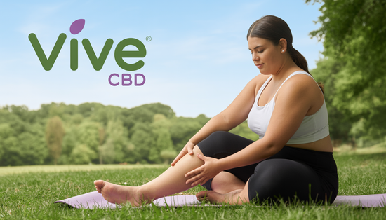 A plus-size woman sits on a yoga mat in a green park, massaging her knee under a clear sky, with the Vive CBD logo in the corner.