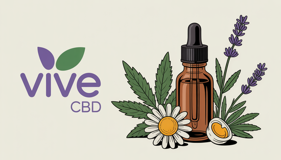 A dropper bottle of CBD oil surrounded by chamomile and lavender plants, with the Vive CBD logo in purple and green, symbolizing the natural and organic nature of CBD in holistic health.
