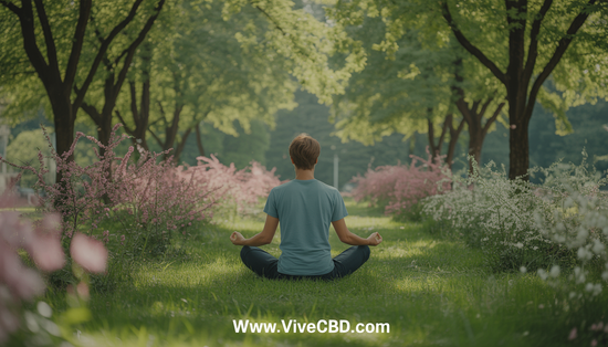 A person meditating peacefully in a vibrant park, surrounded by green trees and colorful flowers, representing natural wellness and recovery, with 'www.vivecbd.com' displayed at the bottom.